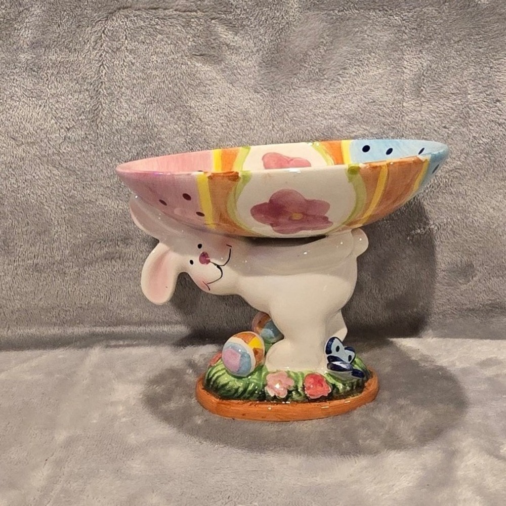 Studio 33 Ceramic Easter Bunny Egg Candy Dish Pastel Floral Polka Dot Bowl 4.25"